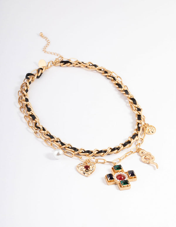 Gold Three Layer Multi Charm Necklace