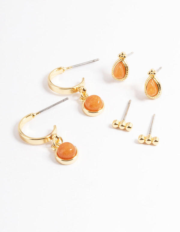 Gold Plated Orange Round Ball Stack Earrings