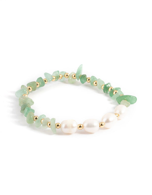 Gold Plated Green Aventurine Chip Freshwater Pearl Stretch Bracelet
