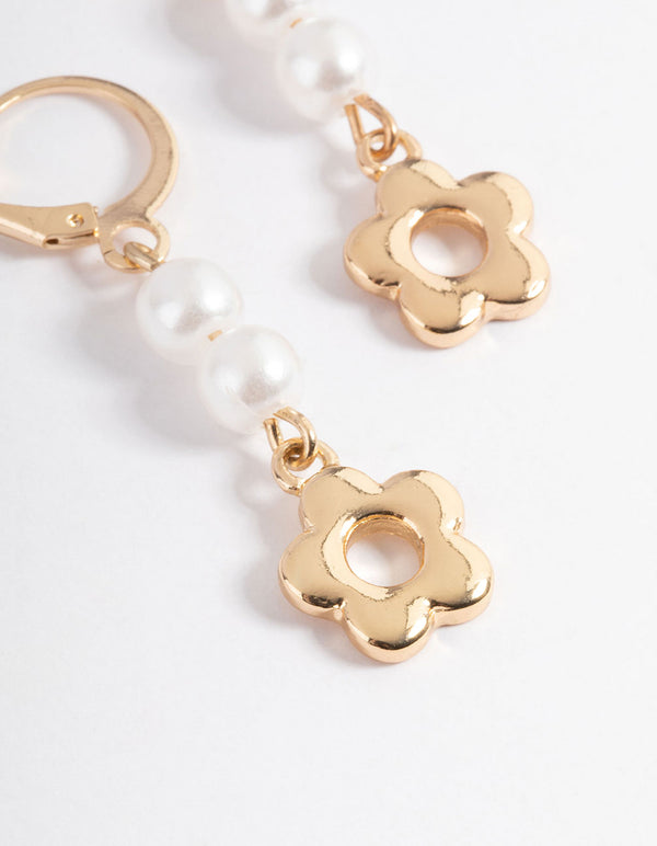 Gold Pearl & Daisy Drop Huggie Earrings