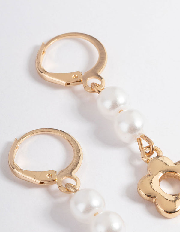 Gold Pearl & Daisy Drop Huggie Earrings