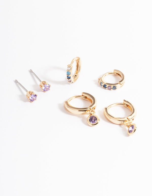 Gold Lilac Stud & Huggie Earrings Pack