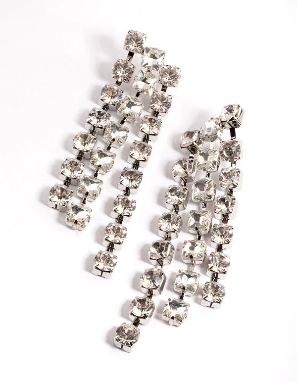 Rhodium Diamante Statement 3 Drop Earrings