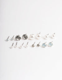 Silver Pearl & Diamante Stud Earrings 8-Pack - link has visual effect only