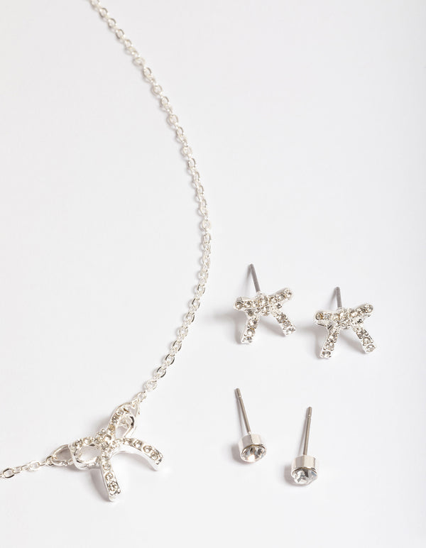 Silver Diamante Bow Jewellery Set