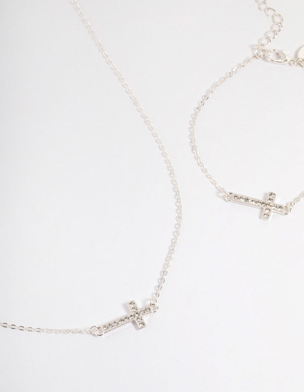 Silver Diamante Cross Jewellery Set