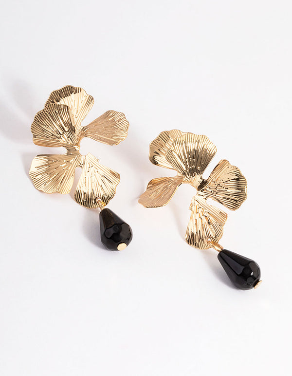 Gold Unravel Black Flower & Bead Drop Earrings