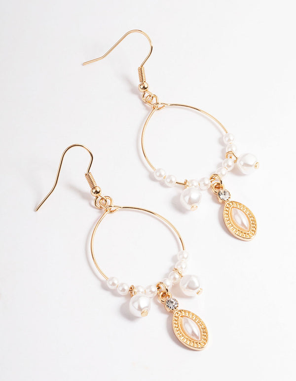 Gold Wire Pearl Marquise Drop Earrings