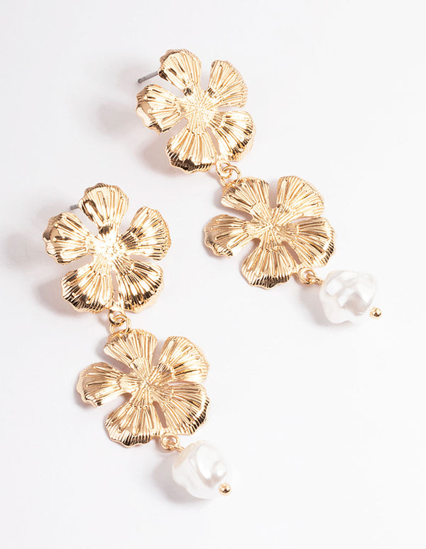 Gold Graduated Flower & Pearl Drop Earrings