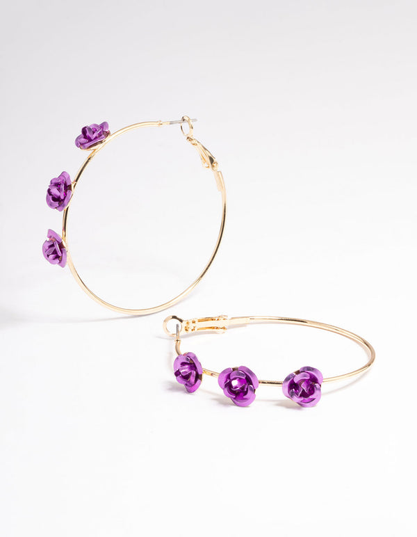 Purple Large Triple Rose Hoop Earrings