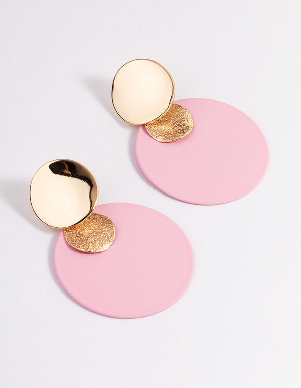 Pink Circle Disc Drop Earrings
