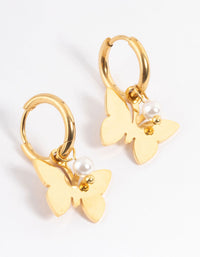 Gold Plated Stainless Steel Butterfly Pearl Huggie Earrings - link has visual effect only