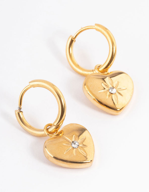 Gold Plated Stainless Steel Diamante Heart Huggie Earrings