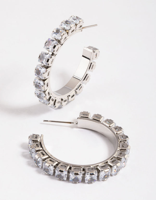 Cubic Zirconia Rhodium 25mm Diamante Hoop Earrings