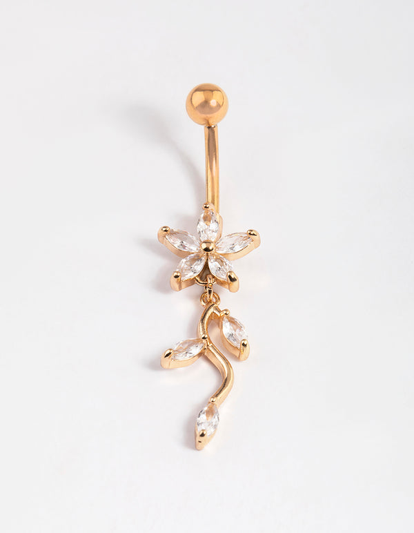 Gold Plated Surgical Steel Cubic Zirconia Flower Drop Belly Ring
