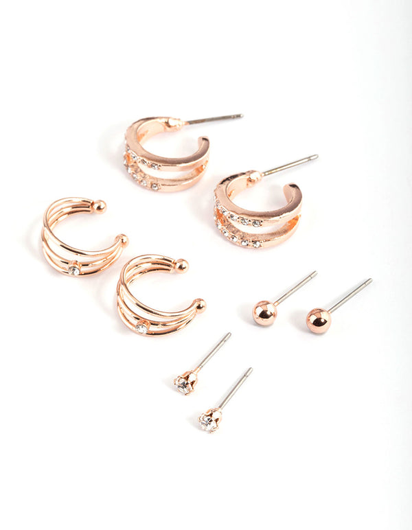 Rose Gold Diamante Double Row Earring 4-Pack