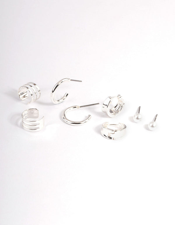 Silver Pearl & Triple Row Cuff Earrings 4-Pack