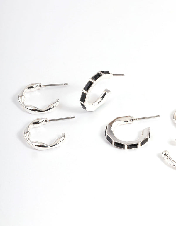 Silver Emerald Cut Black Hoop Earrings 4-Pack