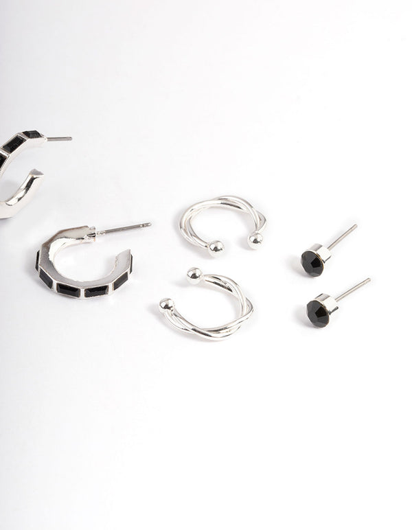 Silver Emerald Cut Black Hoop Earrings 4-Pack