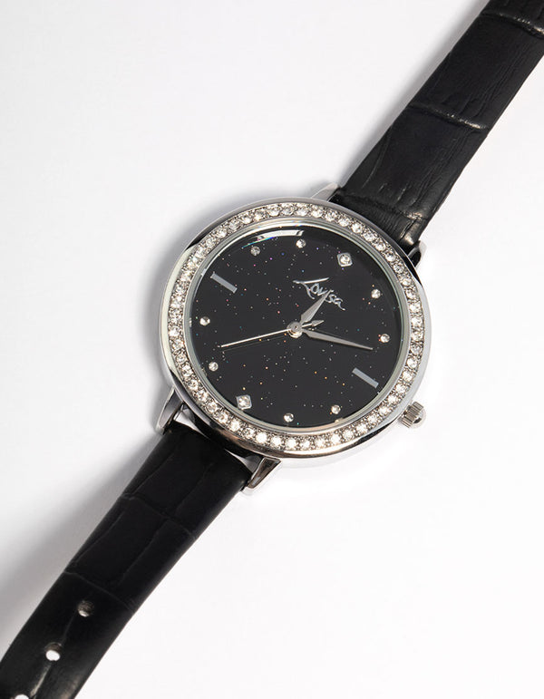 Rhodium Astrology Diamante Faux Leather Watch