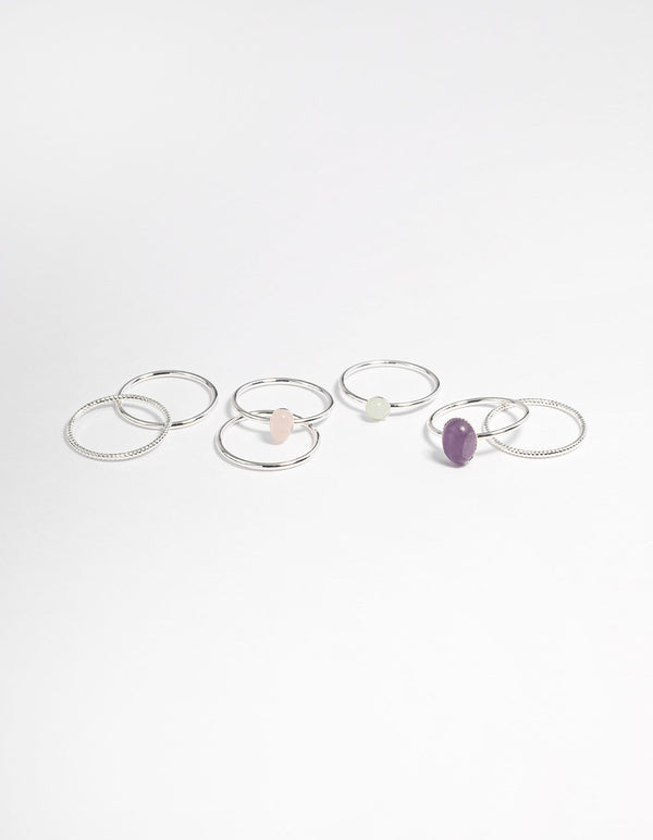 Silver Plated Texture Oval Ring Stack