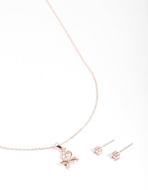 Rose Gold Cubic Zirconia Marquise Butterfly Earrings & Necklace Set