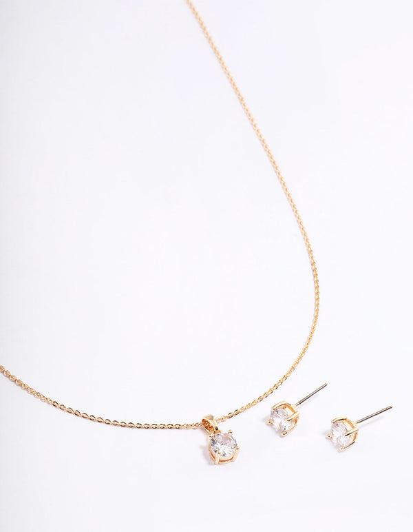 Gold Cubic Zirconia Solitaire Earrings & Necklace Set