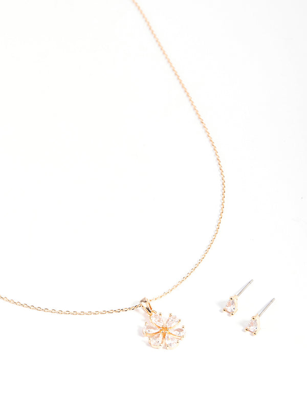 Gold Cubic Zirconia Pear Flower Earrings & Necklace Set