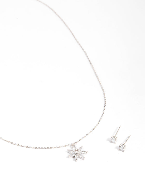 Rhodium Cubic Zirconia Marquise Flower Earrings & Necklace Set