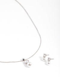 Rhodium Cubic Zirconia & Pearl Jewellery Set - link has visual effect only