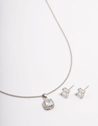 Rhodium Square Halo Earrings & Necklace Set - link has visual effect only