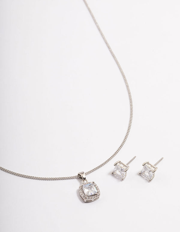 Rhodium Square Halo Earrings & Necklace Set
