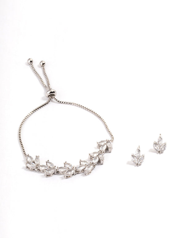 Rhodium Leaf Earrings & Toggle Bracelet Set