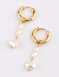 Gold Plated Stainless Steel Long Freshwater Pearl Drop Huggie Earrings - link has visual effect only