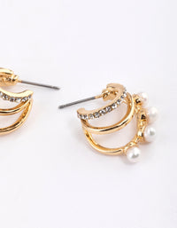 Gold Plated Diamante Pearl Triple Hoop Earrings - link has visual effect only