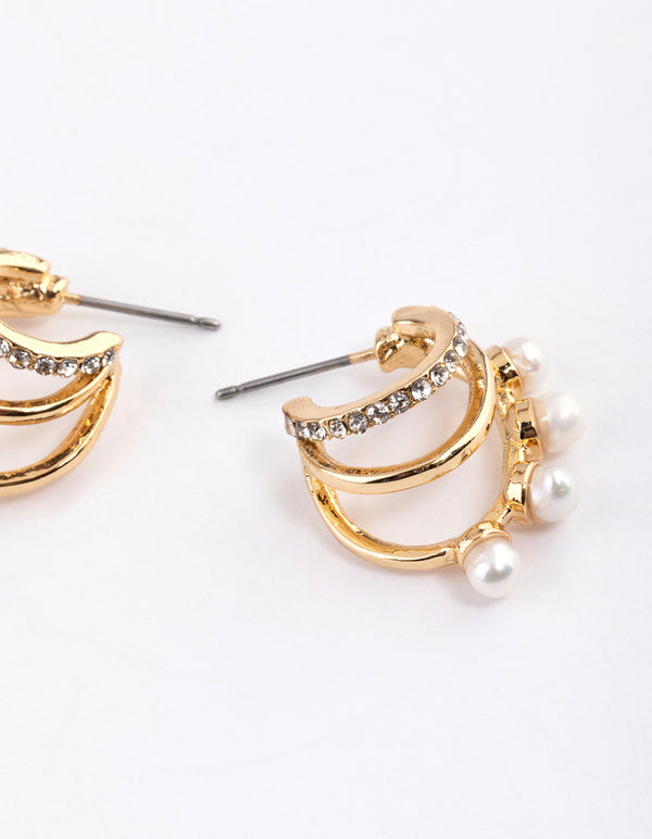 Gold Plated Diamante Pearl Triple Hoop Earrings