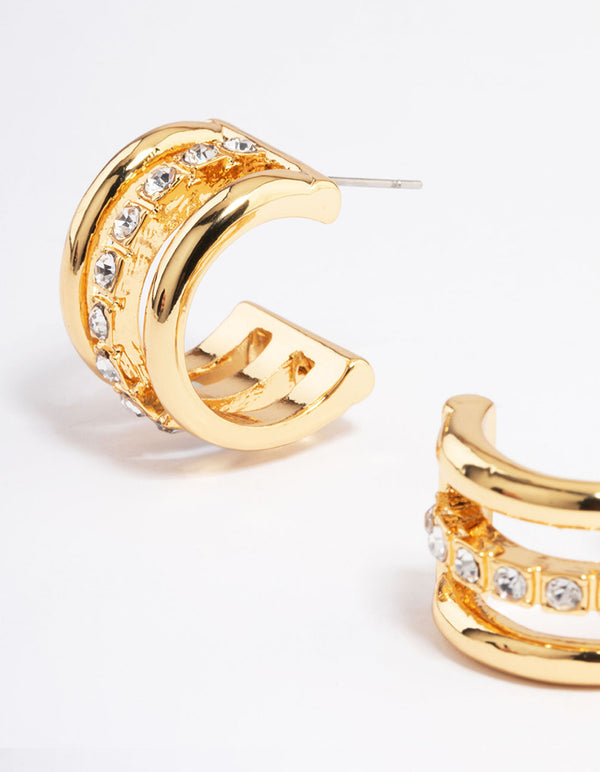 Gold Plated Diamante Trio Layer Triple Hoop Earrings