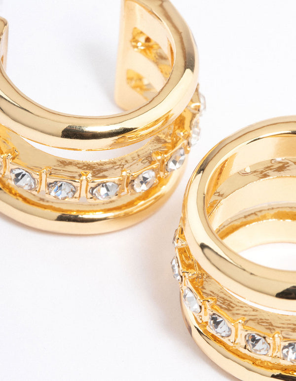 Gold Plated Diamante Trio Layer Triple Hoop Earrings