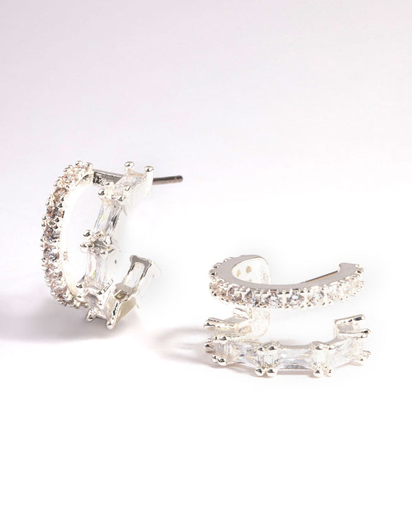 Silver Plated Diamante Baguette Double Cuff Hoop Earrings