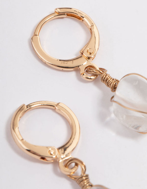 Gold Clear Quartz Wire Wrap Huggie Earrings