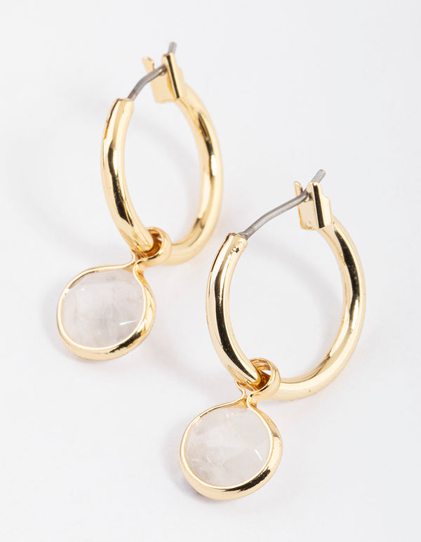 Gold Plated Clear Quartz Circle Charm Hoop Earrings