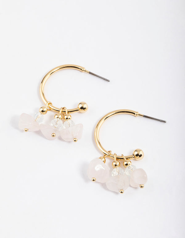 Gold Plated Rose Quartz Beaded Hoop Earrings
