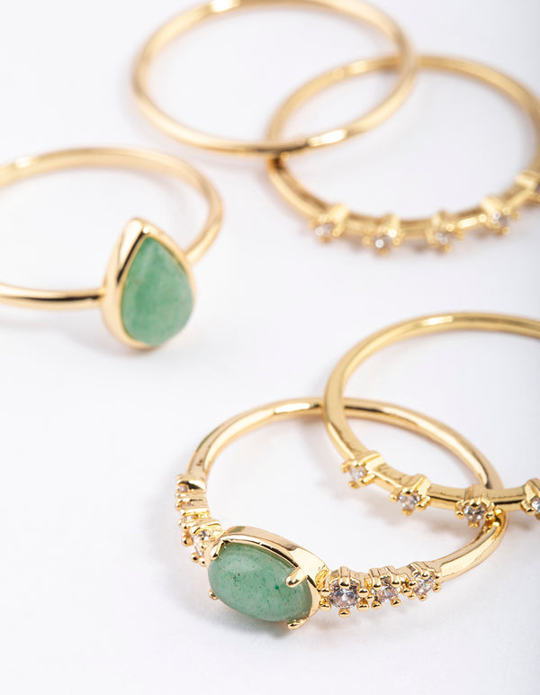 Gold Plated Green Aventurine Cubic Zirconia Dainty Ring Stack