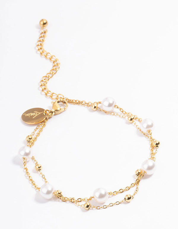 Gold Plated Stainless Steel Double Layer Pearl Ball Bracelet - Lovisa