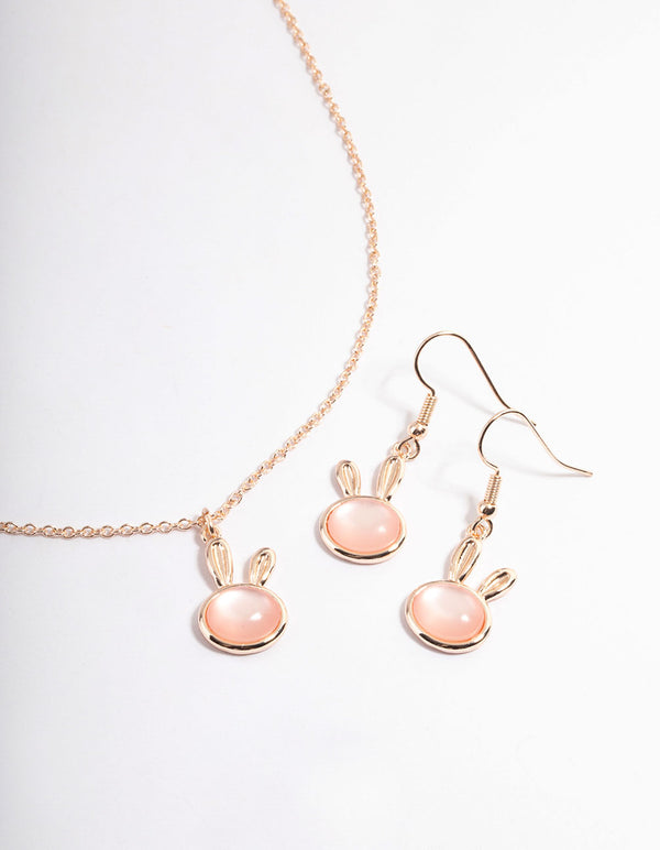 Rose Gold Blush Bunny Necklace & Drop Earrings Set