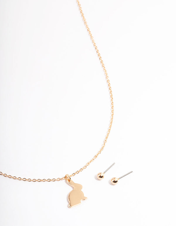 Gold Bunny Pendant Necklace & Stud Earrings Set