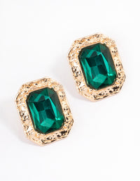 Gold Molten Rectangle Green Diamante Stud Earrings - link has visual effect only