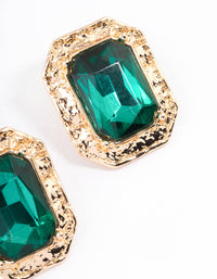 Gold Molten Rectangle Green Diamante Stud Earrings - link has visual effect only
