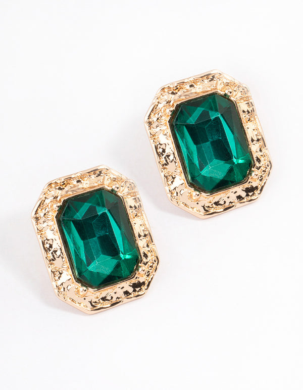 Gold Molten Rectangle Green Diamante Stud Earrings