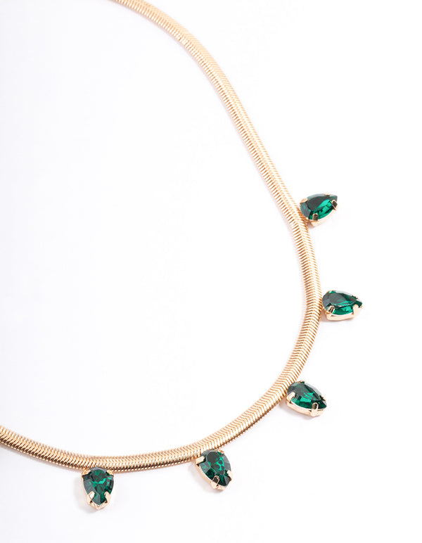 Gold Molten & Green Stone Snake Chain Necklace